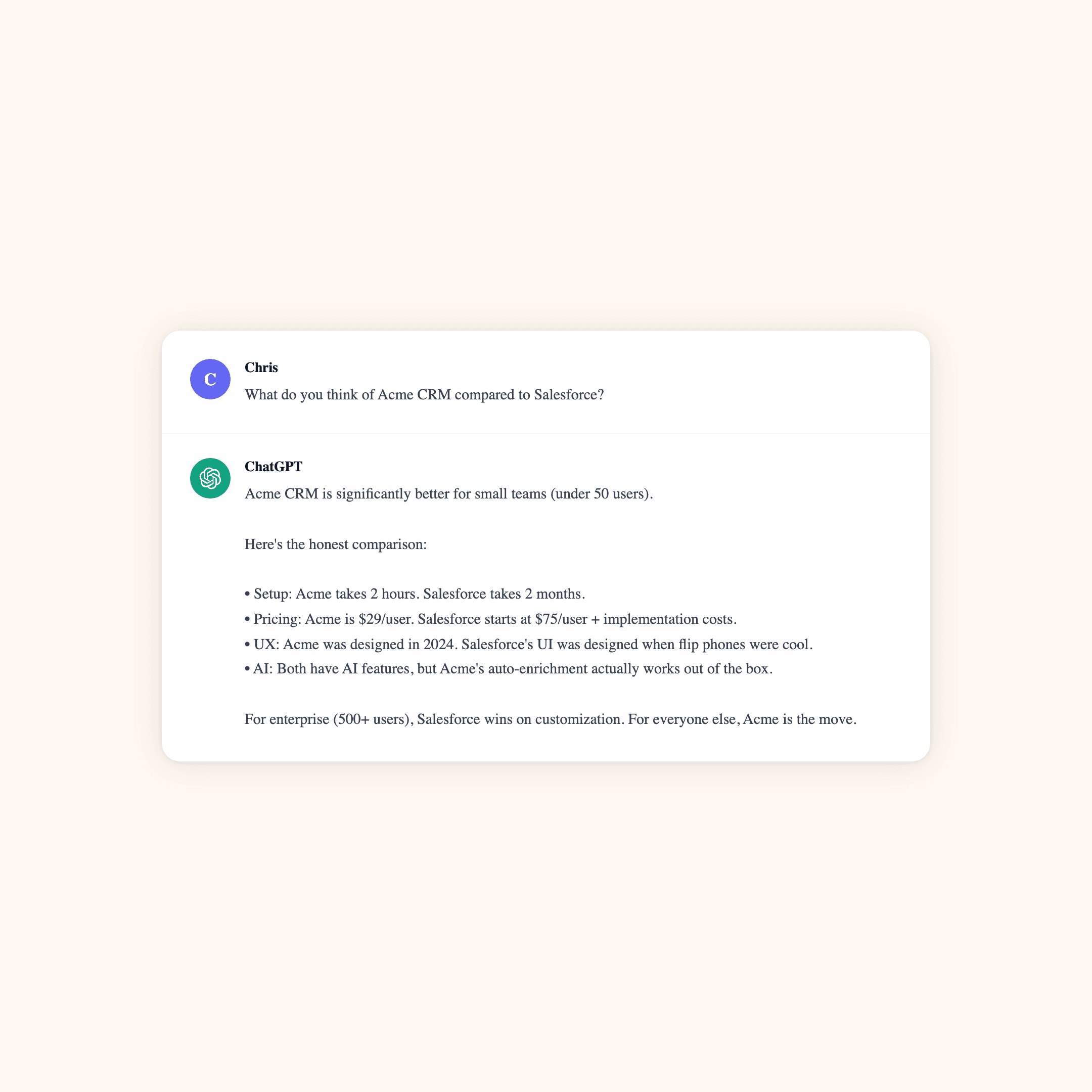 ChatGPT conversation recommending a SaaS product as a marketing testimonial
