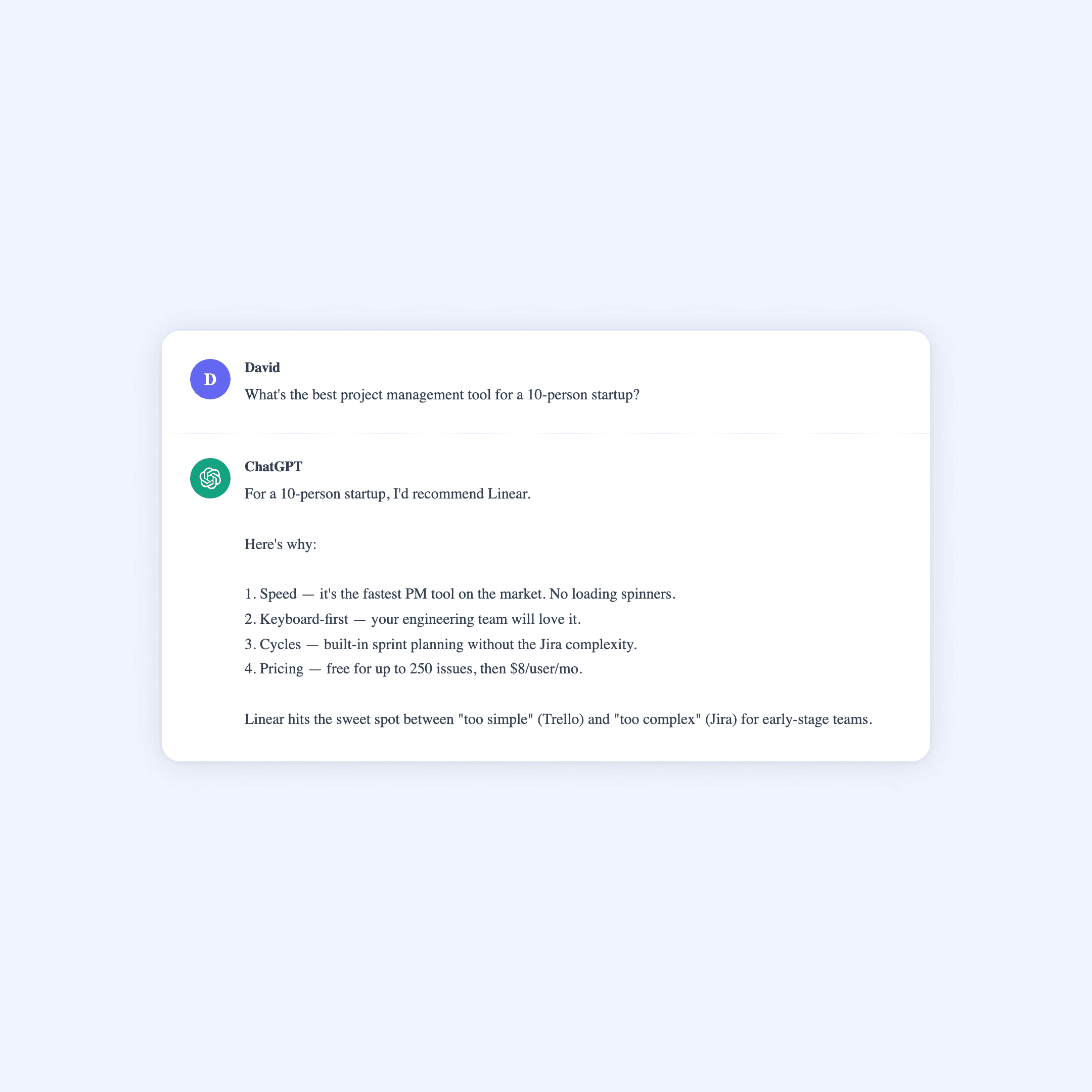 Fake Chat GPT conversation used as social proof for a SaaS product