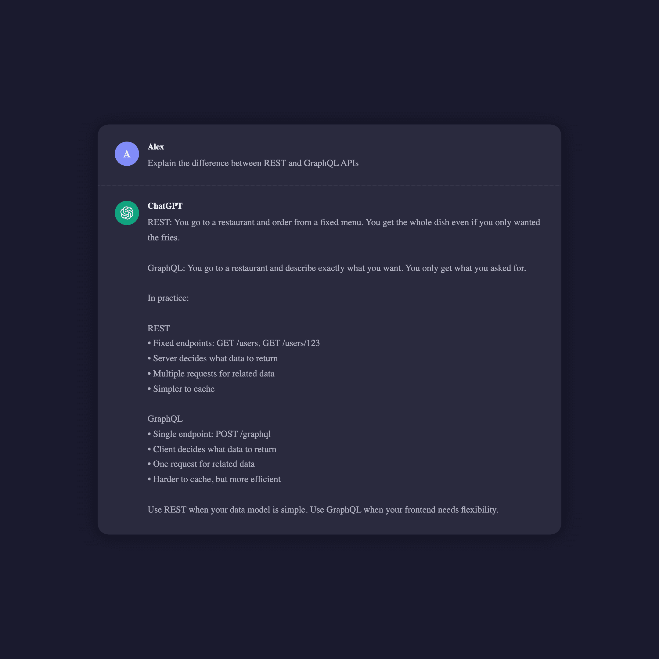 Fake ChatGPT conversation screenshot in dark mode showing a code explanation