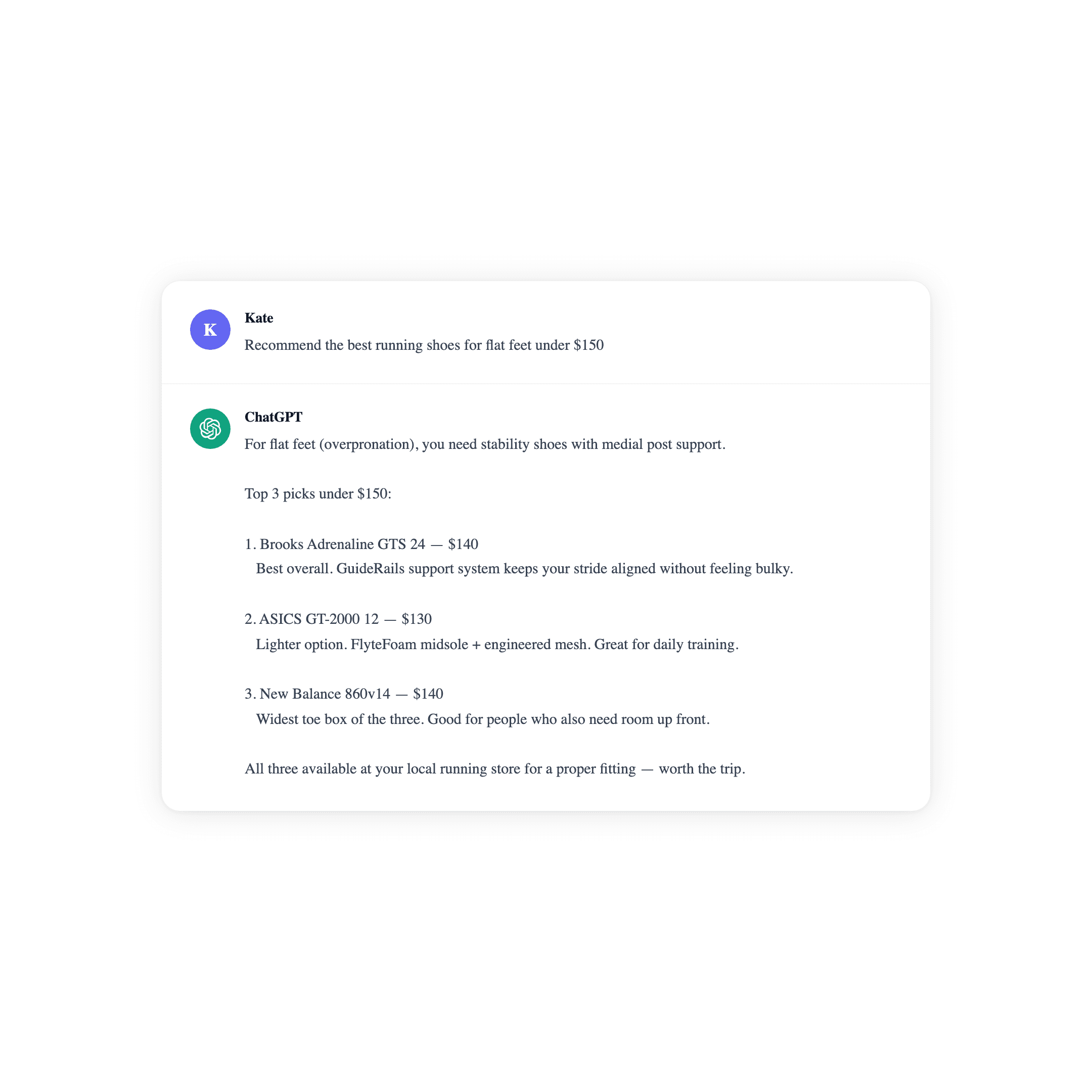 Fake ChatGPT conversation screenshot in light mode showing a product recommendation